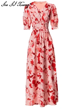 Seasixiang Модное дизайнерское Весенне-летнее женское платье с V-образным вырезом, рукавом-фонариком, цветочным принтом, винтажные платья на шнуровке