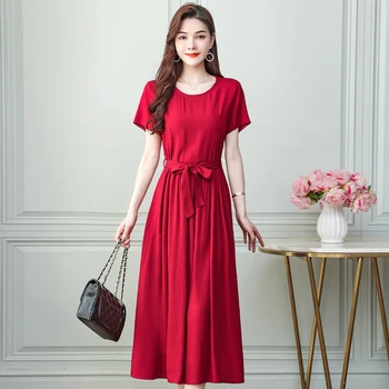 Шикарное и элегантное женское платье в корейском стиле 2023, Новое летнее повседневное Длинное Красное платье с поясом, однотонная Женская одежда