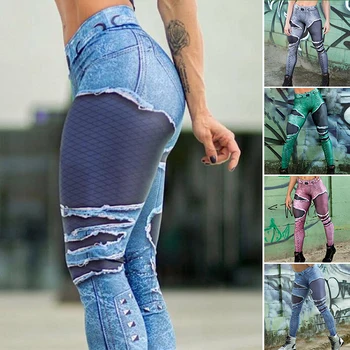 Спортивные леггинсы больших размеров, джинсовые леггинсы с высокой талией, эластичные женские брюки для бега и йоги, тонкие бесшовные узкие брюки-карандаш 3XL