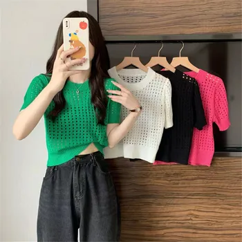 Корейская модная Женская одежда, Корейская футболка, Короткие трикотажные топы, Летние нижние рубашки, футболка с коротким рукавом, Тонкая блузка, топ