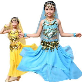 Комплект из 5 предметов, костюмы для танца живота для девочек, детский костюм для индийских танцев, детские танцевальные костюмы из Болливуда для девочек, наборы для танца живота
